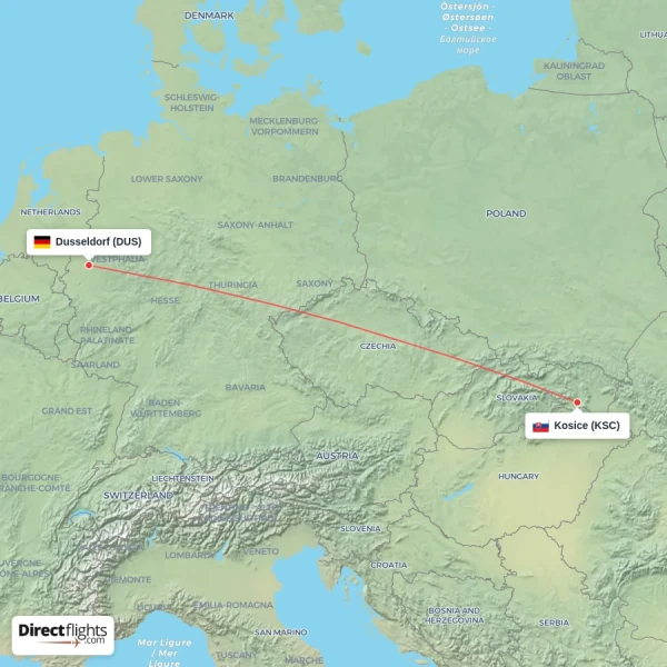 Dusseldorf - Kosice direct flight map