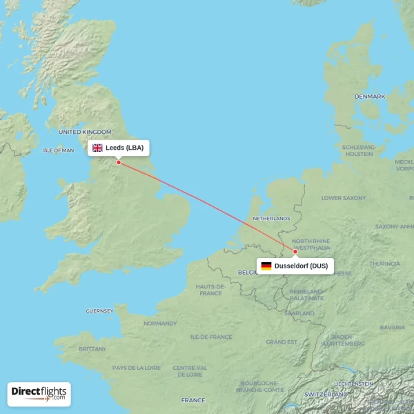 Dusseldorf - Leeds direct flight map