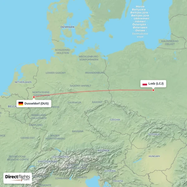 Dusseldorf - Lodz direct flight map