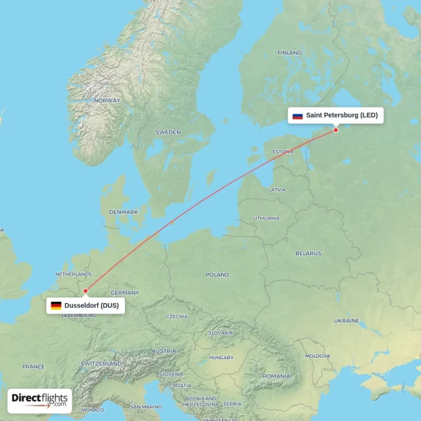 Dusseldorf - Saint Petersburg direct flight map
