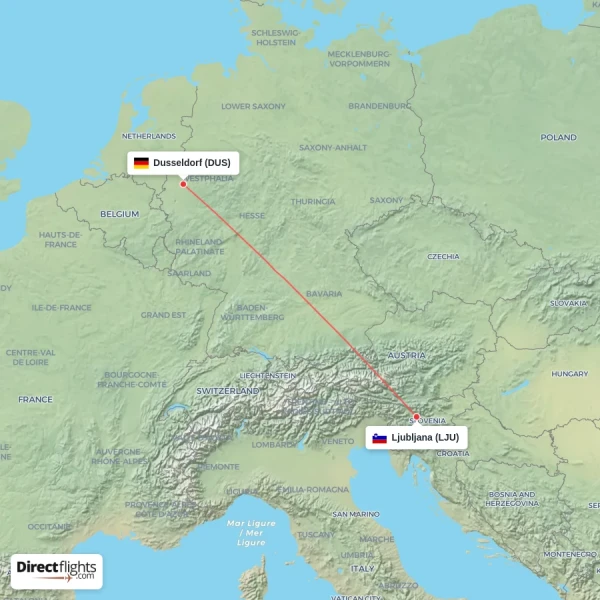 Dusseldorf - Ljubljana direct flight map