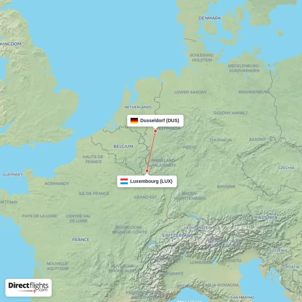Dusseldorf - Luxembourg direct flight map
