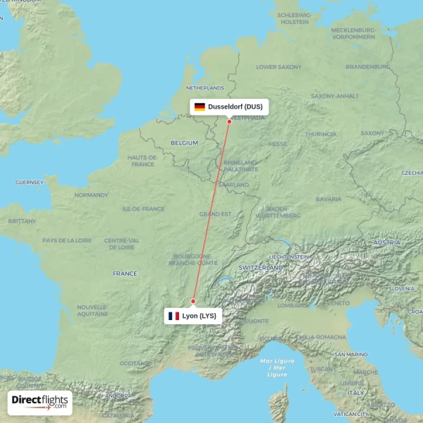 Dusseldorf - Lyon direct flight map