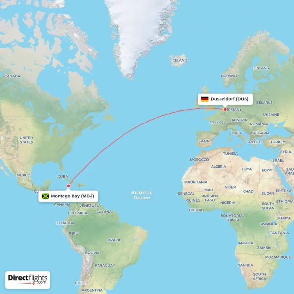 Dusseldorf - Montego Bay direct flight map