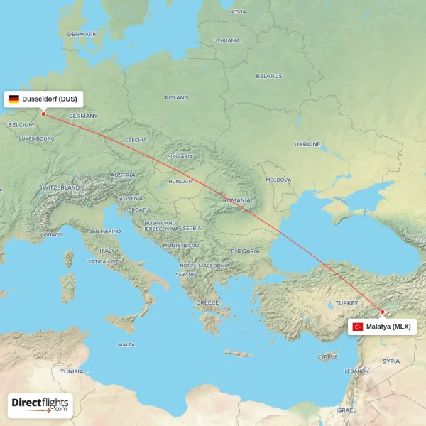 Dusseldorf - Malatya direct flight map