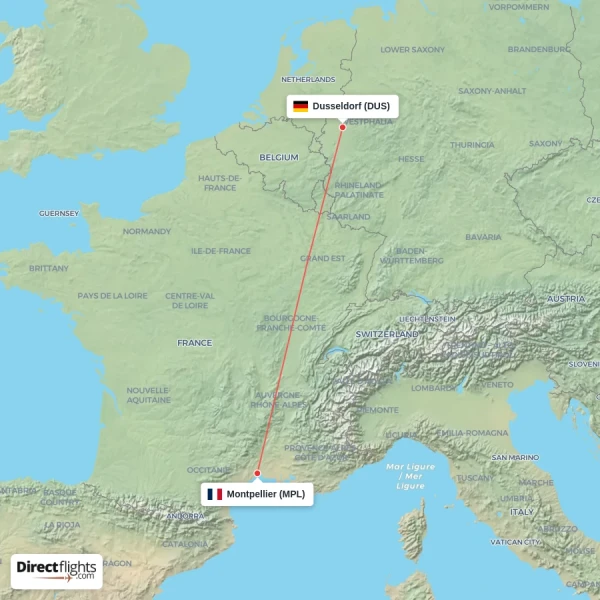 Dusseldorf - Montpellier direct flight map