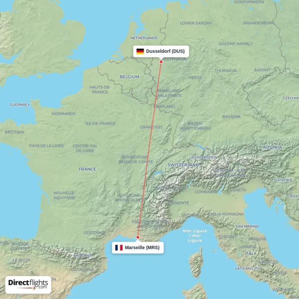 Dusseldorf - Marseille direct flight map