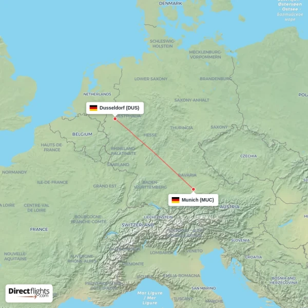 Dusseldorf - Munich direct flight map