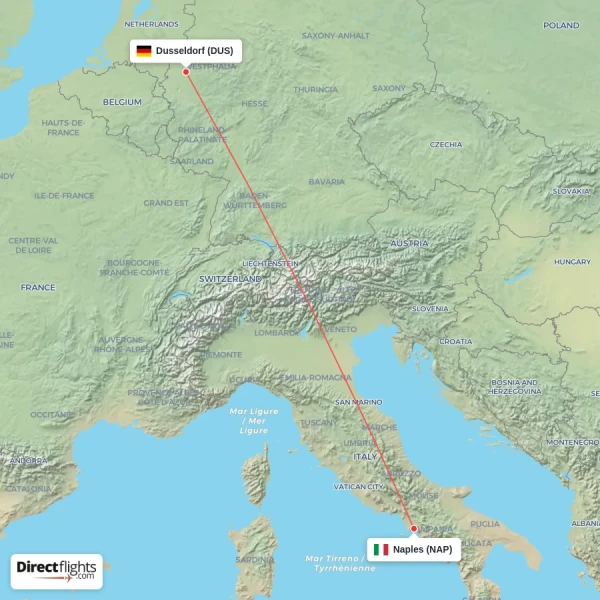 Dusseldorf - Naples direct flight map
