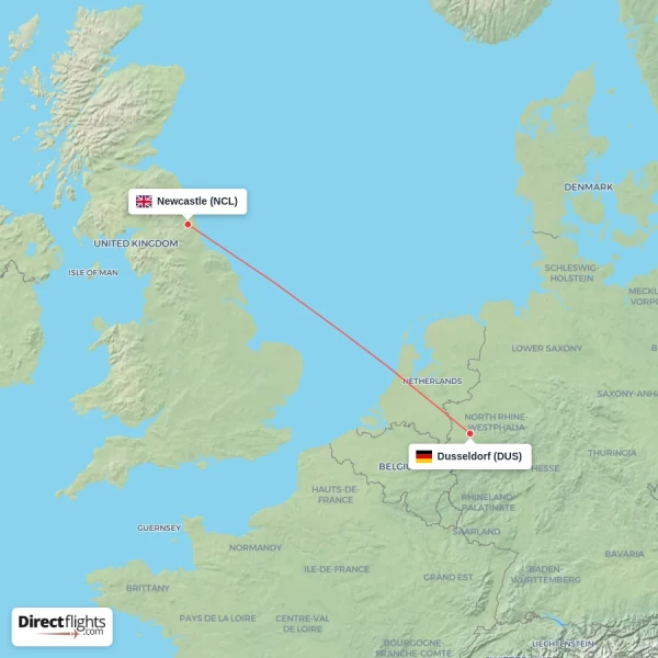 Dusseldorf - Newcastle direct flight map
