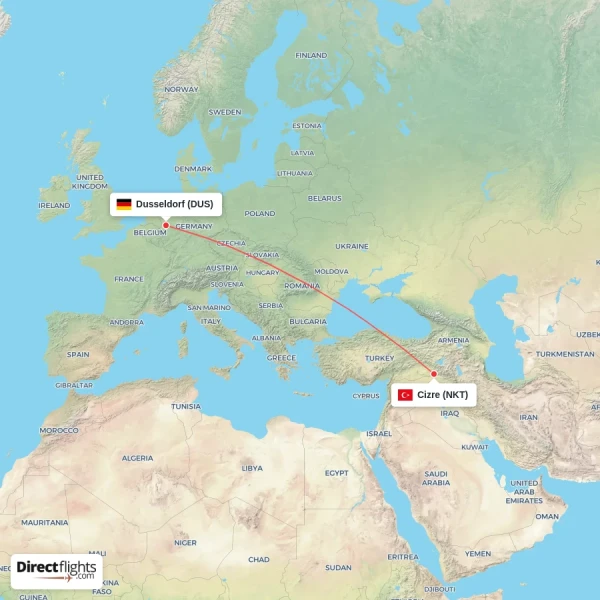 Dusseldorf - Cizre direct flight map