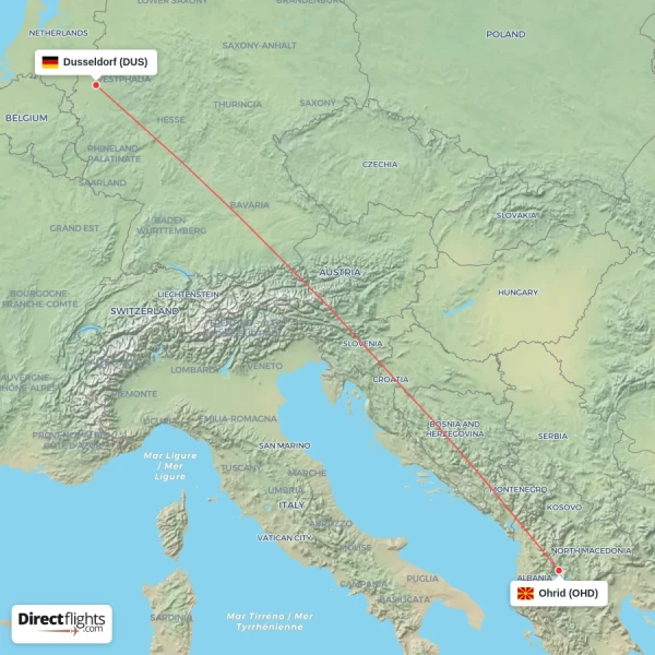 Dusseldorf - Ohrid direct flight map