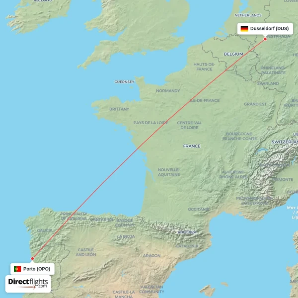 Dusseldorf - Porto direct flight map