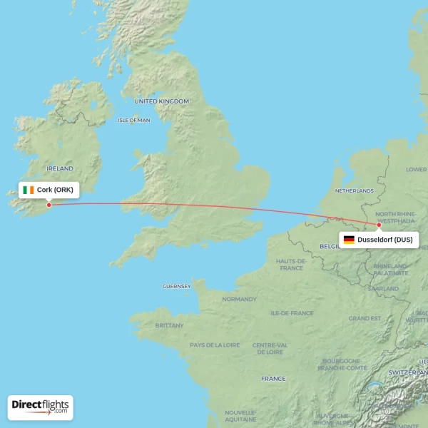 Dusseldorf - Cork direct flight map
