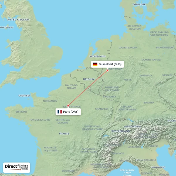 Dusseldorf - Paris direct flight map