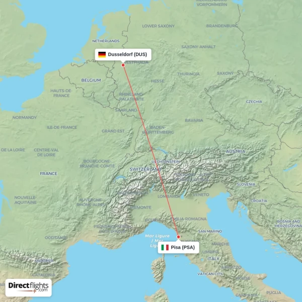 Dusseldorf - Pisa direct flight map