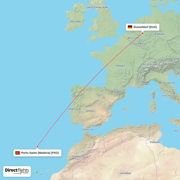Dusseldorf - Porto Santo (Madeira) direct flight map