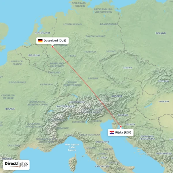 Dusseldorf - Rijeka direct flight map