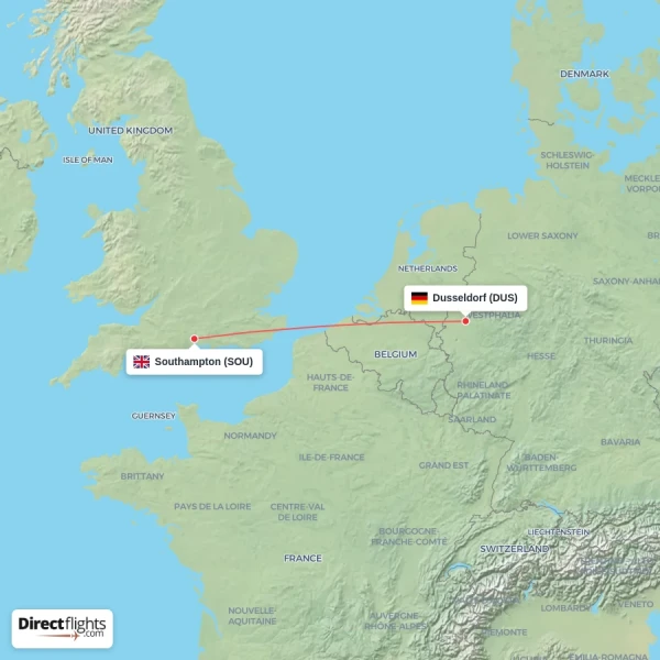 Dusseldorf - Southampton direct flight map