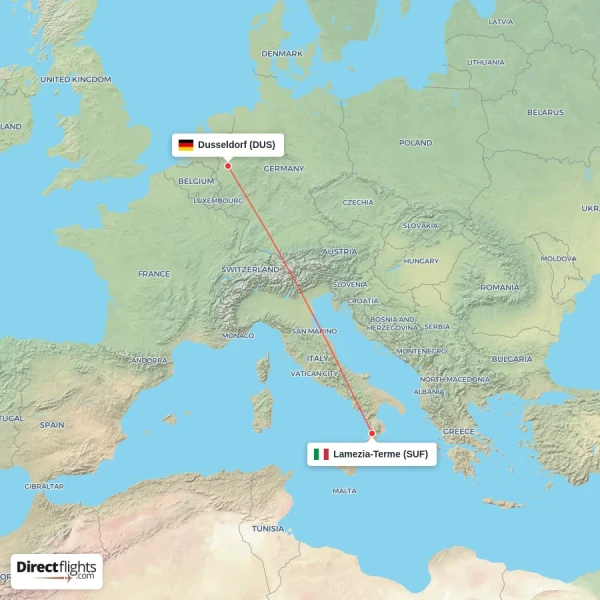Dusseldorf - Lamezia-Terme direct flight map