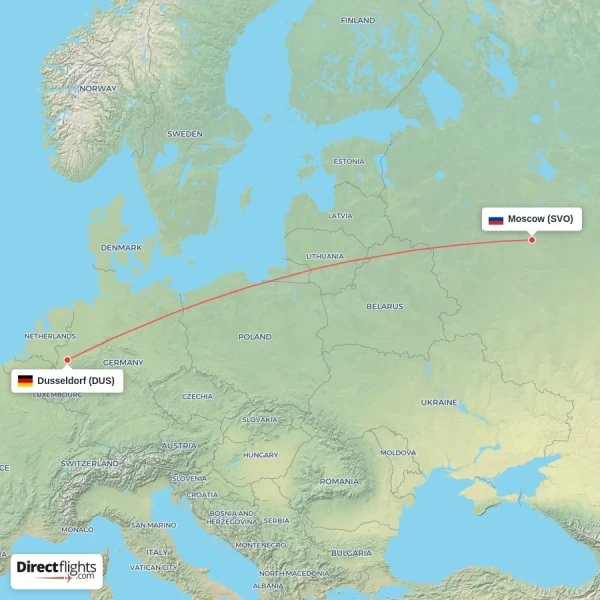 Dusseldorf - Moscow direct flight map