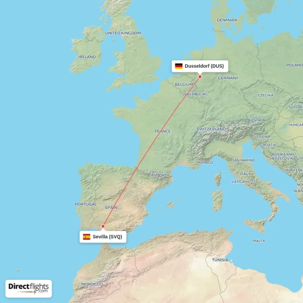 Dusseldorf - Sevilla direct flight map