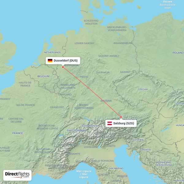 Dusseldorf - Salzburg direct flight map