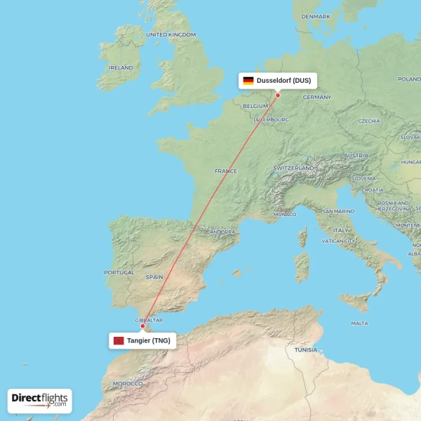 Dusseldorf - Tangier direct flight map
