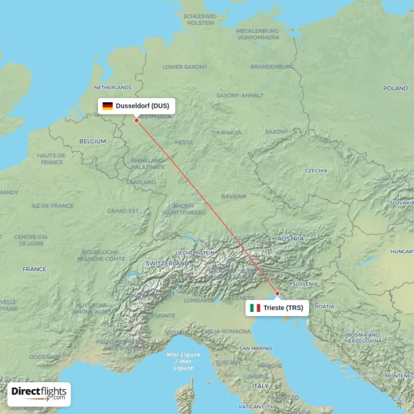 Dusseldorf - Trieste direct flight map