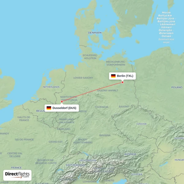 Dusseldorf - Berlin direct flight map