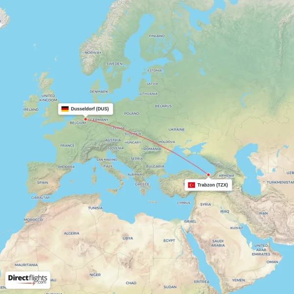 Dusseldorf - Trabzon direct flight map