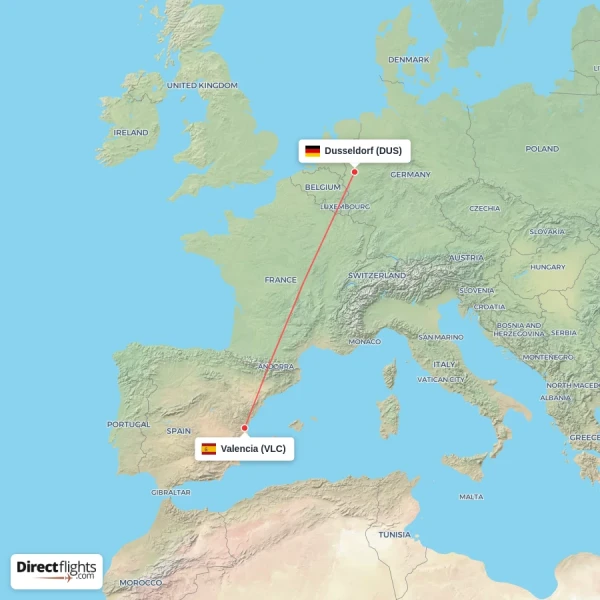 Dusseldorf - Valencia direct flight map
