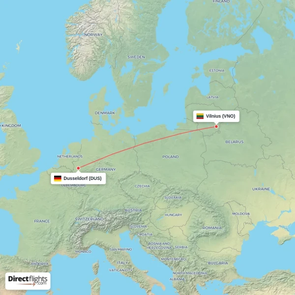 Dusseldorf - Vilnius direct flight map