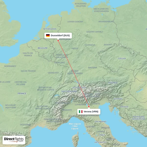 Dusseldorf - Verona direct flight map