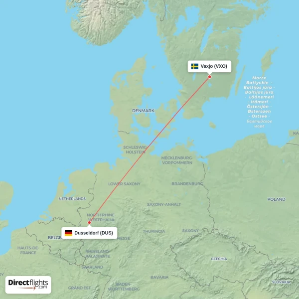 Dusseldorf - Vaxjo direct flight map