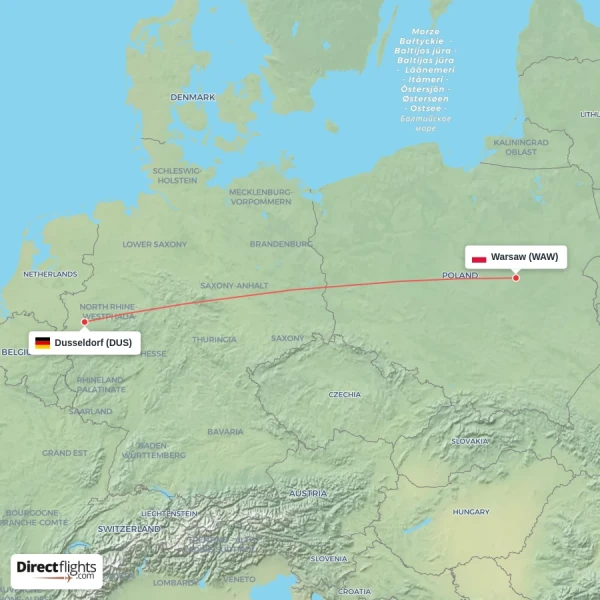 Dusseldorf - Warsaw direct flight map