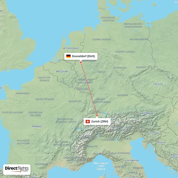 Dusseldorf - Zurich direct flight map