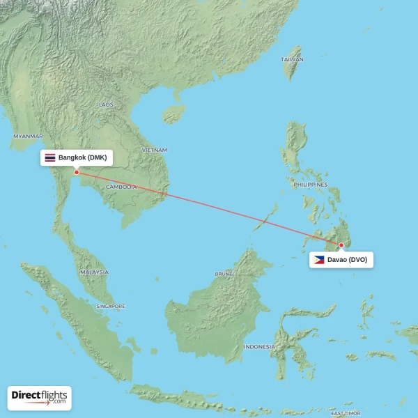 Davao - Bangkok direct flight map
