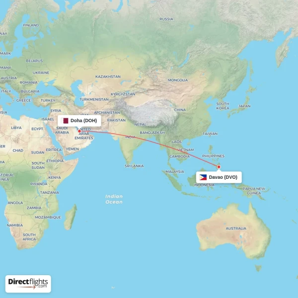 Davao - Doha direct flight map