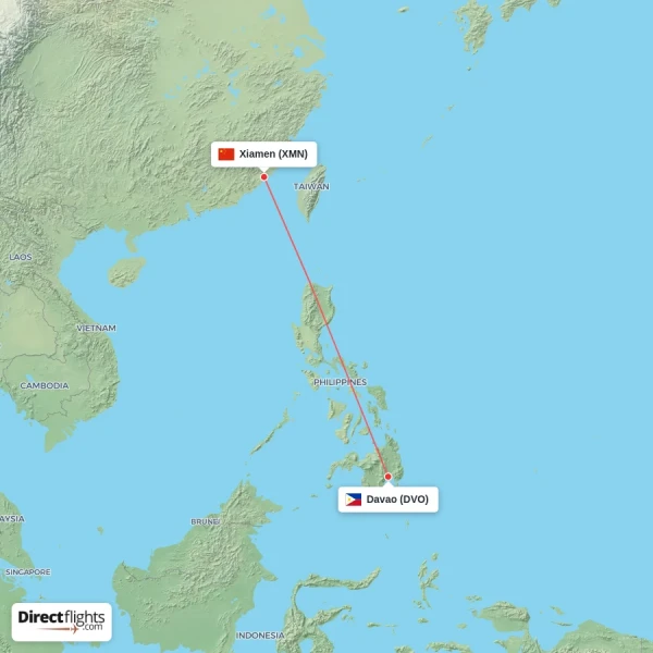 Davao - Xiamen direct flight map