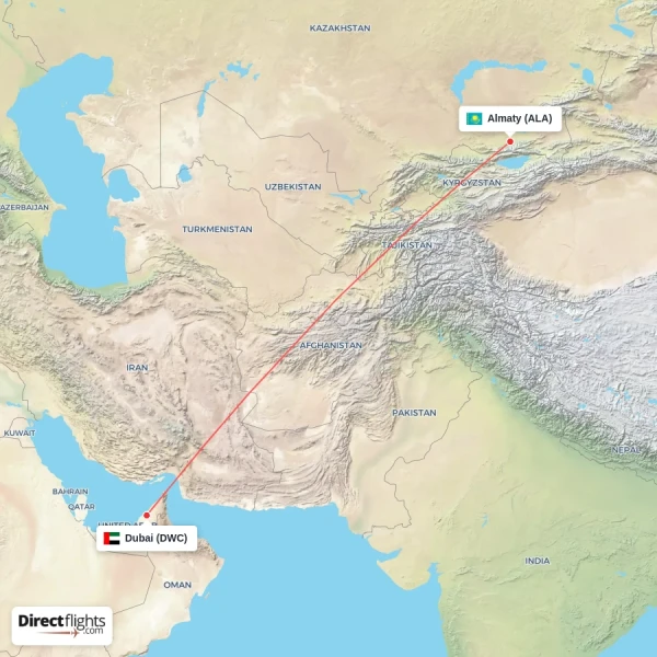 Dubai - Almaty direct flight map