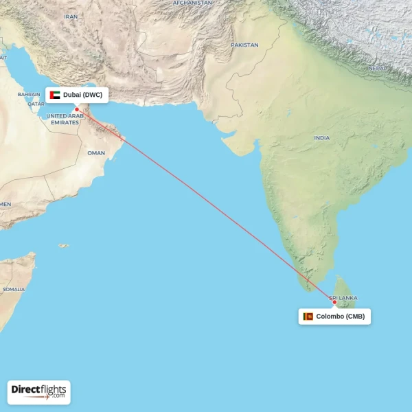 Dubai - Colombo direct flight map