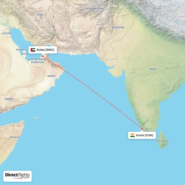 Dubai - Kochi direct flight map