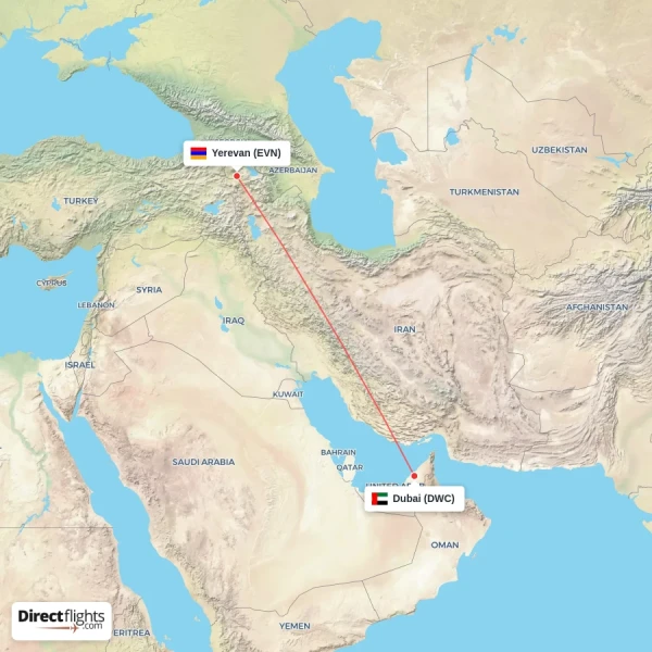 Dubai - Yerevan direct flight map