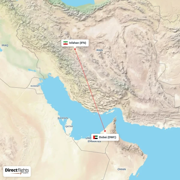 Dubai - Isfahan direct flight map