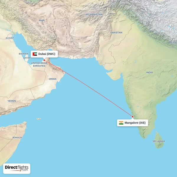 Dubai - Mangalore direct flight map