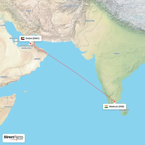 Dubai - Madurai direct flight map