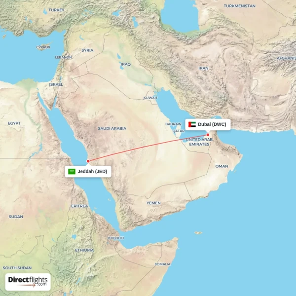 Dubai - Jeddah direct flight map