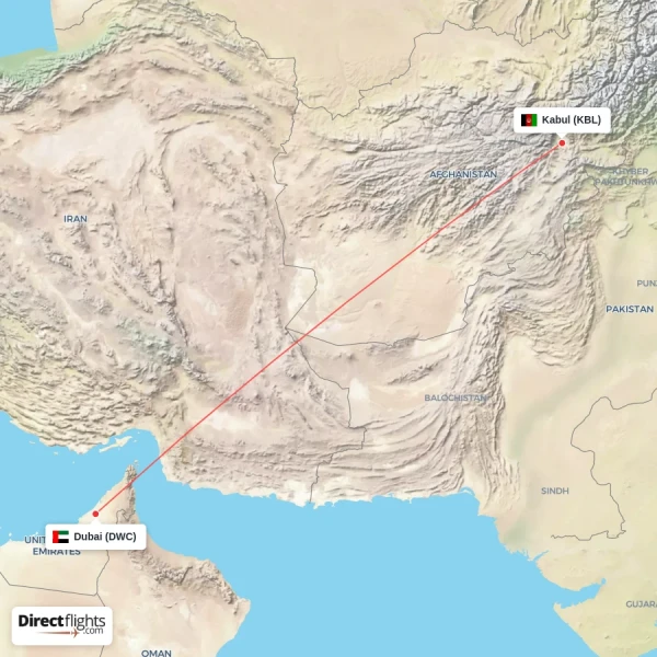 Dubai - Kabul direct flight map