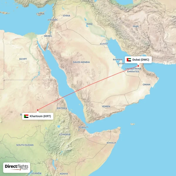 Dubai - Khartoum direct flight map